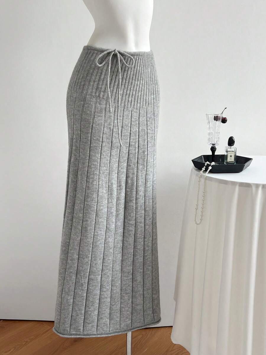 Elamini Women's Gray Wide Ribbed Long Side Tie Casual Fashionable Versatile Elegant Knit Skirt, Autumn/Winter - Grey - View 1