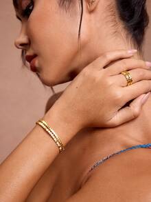 JIAN  LASALA Retro Style Dual-Tone Electroplated Cubic Zirconia Striped Bangle & Ring Set, Suitable For Daily Wear - Style a Gold - View 5