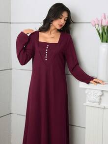 SHEIN Najma Square Neck Button Decor Long Sleeve Knit Dress For Women - Red Violet - View 2