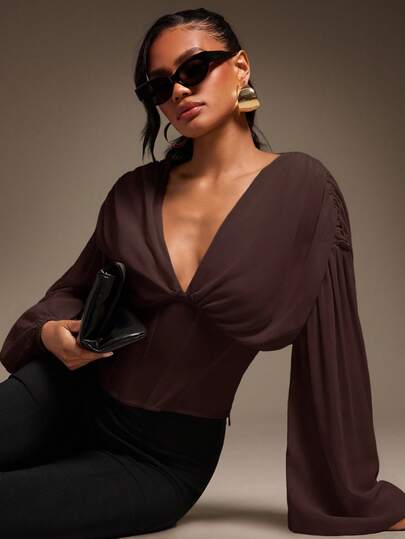 Hauture Sexig mjuk chiffongblus med ballongärmar och korsett för kvinnor, romantisk och elegant höststil