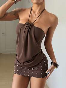 StreetHx Women's Brown Beaded Embellished Dress - Coffee - View 5