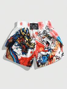 ROMWE MEN 男士时尚龙虎印花拳击短裤 - 彩色 - 查看 1