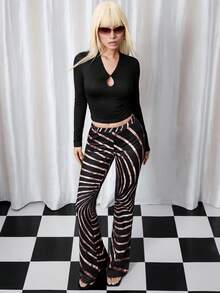 Y2Kool Maria Clara Maia Schwarze & roségoldene Y2K Streetwear Slim Fit Lässig Hose für Damen, geeignet für Partys, Feiertage und den täglichen Gebrauch, Schlaghose für Frauen, Geburtstag, Karneval - Schwarz - Übersicht 4