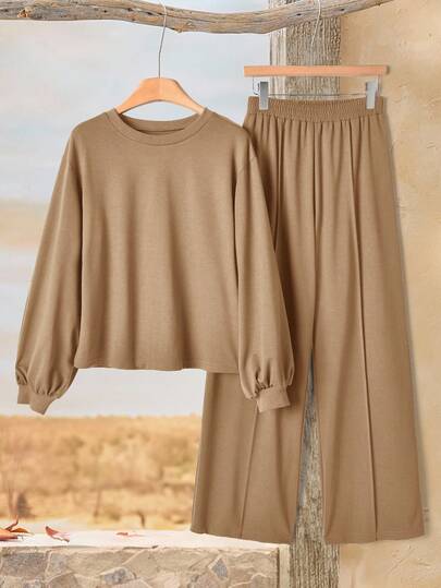 Rusticease 女士纯色圆领长袖上衣和阔腿裤休闲两件套