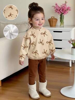 مجموعة قميص ثقيل وبنطلون طويل للبنات الصغيرات، بتصميم عقدة صغيرة مبسطة، قطعتان، قطن ناعم، رقبة دائرية، أكمام طويلة، مناسب للخريف والشتاء، أسلوب كاجوال ومريح، تصميم نمطي، موسم العودة إلى المدرسة، الخريف، حفلة العودة إلى المدرسة، مناسب للنزهات الخارجية، التصوير الفوتوغرافي في الشارع، المنزل، الجامعة، العطلات، الهدايا، عيد الميلاد، رأس السنة