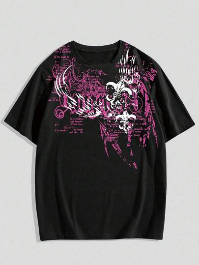 Goth Herren Lässiges, modisches Streetwear T-Shirt mit Slogan-Muster, Kurzarm, Schwarz, Sommer