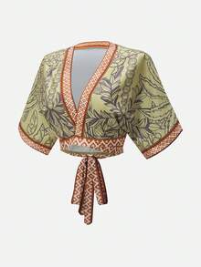 SHEIN Swim Vcay 女士V领波西米亚风撞色滚边打结印花和服罩衫休闲波西米亚假日派对复古女士老钱风格女士沙滩比基尼2026夏季女士沙滩优雅休闲夏季度假女士露脐和服女士露脐上衣女士裹身上衣女士上衣波西米亚风女士上衣 - 彩色 - 查看 11
