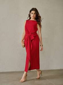 MOTF PREMIUM 大码蝴蝶结装饰裹身裙 - 紅色 - 查看 8