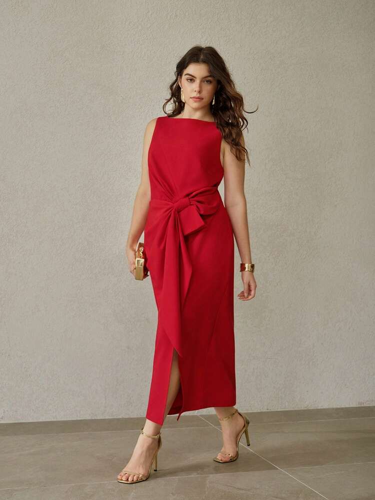 PLUS SIZE BOW DETAIL WRAP DRESS