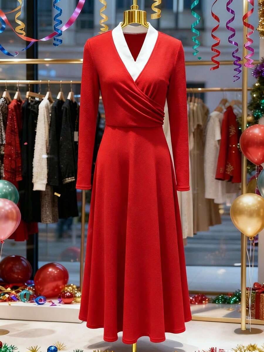 Franclia 复古V领收腰连衣裙，适合感恩节、圣诞节、新年等场合穿着 - 紅色 - 查看 1
