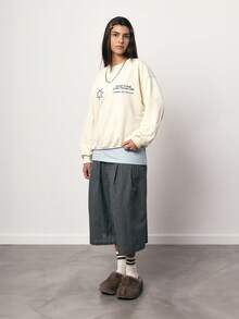 SURIMA Casual Butter Yellow  Minimalist Printed Pattern Hooded Long Sleeve Loose Fit Women Sweatshirt - Beige - View 4