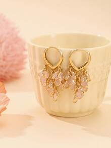 Enchnt 1 par de elegantes y lujosos pendientes de aro con gota de agua, corazón, flor y circonita redonda en oro, plata, rosa, multicolor, melocotón y blanco, de alta calidad y versátiles, adecuados para uso diario, bodas, galas, fiestas y regalos para amigas - Pendientes de jade rosa con múltiples circonitas - Ver 3