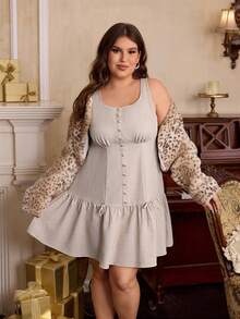 SHEIN MOD 大码纽扣和蝴蝶结装饰短裙，优雅通勤，百搭日常穿着 - 卡其色 - 查看 5