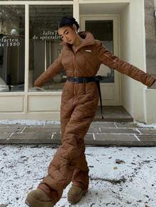 Muchica Bộ đồ liền thân ống rộng tay dài màu nâu có khóa kéo dành cho nữ, Thu/Đông - màu nâu - Xem 6