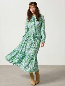 Silhoulove Women's Elegant Frill Trim Tie Neck Gathered Waist Flared Hem Long Sleeve Dress - Multicolor - View 6