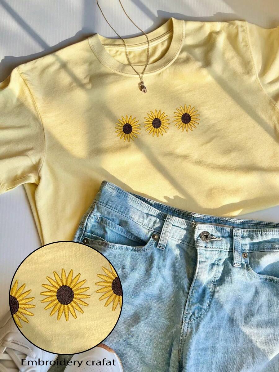 Tricouri pentru damă de primăvară și vară/Broderie cu model de crizanteme/Maiuri casual de damă cu gât rotund - Galben - Vizualizare 1