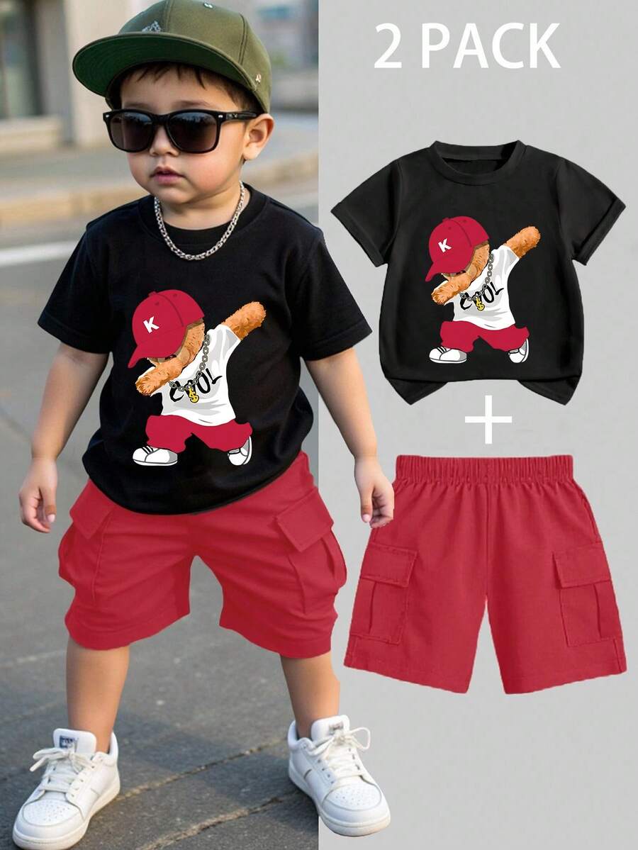 SHEIN 1 Bộ áo thun cổ tròn tay ngắn in hình gấu hoạt hình cho bé trai và quần short cargo, thích hợp mặc ngoài trời, dạo phố, mùa xuân/hè - Màu Đỏ Sâu - Xem 1