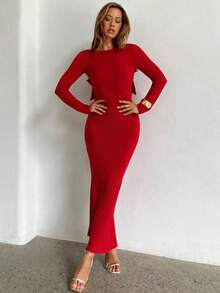 Aloruh Women's Elegant Red Autumn Party Maxi Dress,Christmas Round Neck Backless Bow Decor Fitted Waist Long Sleeve Date Night New Year Birthday Dresses - Red - View 3