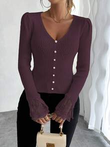 EMERY ROSE French Lace Patchwork V-Neck Fitted Puff Sleeve Knit Sweater With Pearl Decor, Long Sleeve - Chocolate Brown - View 6