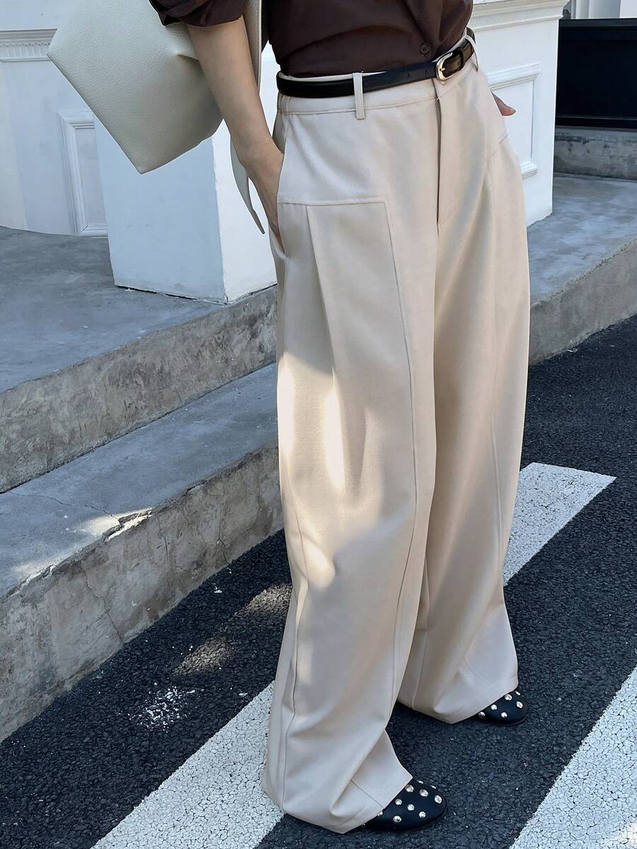 DAZY 女士休闲纯白色阔腿褶裥裤，秋冬款 - 米色 - 查看 1