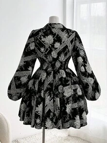 Sweetra 大码女式碎花收腰长袖休闲连衣裙，秋季款 - 黑與白 - 查看 7