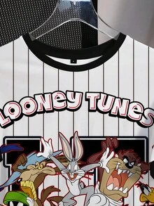 LOONEY TUNES X SHEIN 女士条纹卡通图案圆领短袖T恤 - 白色 - 查看 5