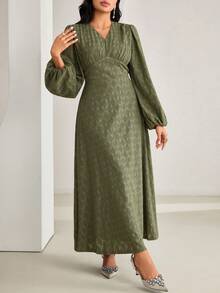 Veilorie Women's Elegant Party Solid Color Textured Lantern Sleeve Arabic Style Dress