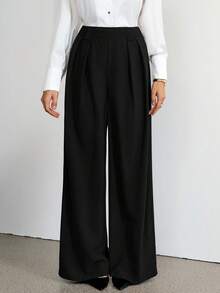 SHEIN Tall 女款休閒百搭純色高腰寬腿褲，適合高個女性 - 黑色 - 查看 4