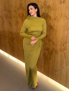 MDEdit 侧系带针织长裙优雅春假可爱性感90年代节日毕业婚礼宾客秋季夜生活秋冬日常圣诞节 - 橄欖綠 - 查看 1