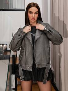 Bris Aura Vintage Washed PU Leather Lapel Loose Motorcycle Jacket  - Dark Grey - View 1