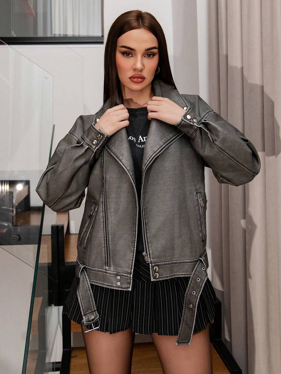 Bris Aura Vintage Washed PU Leather Lapel Loose Motorcycle Jacket  - Dark Grey - View 1