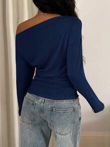 Siren Gaze Áo thun nữ tay dài xếp ly vai chéo màu trơn đơn giản - Màu xanh hải quân - Xem 2