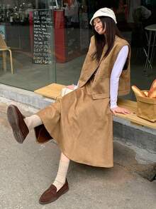 DAZY 女士麂皮休闲背心和裙子两件套 - 卡其色 - 查看 8