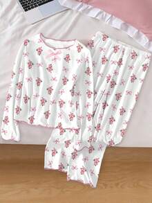 少女两件套睡衣，白色蝴蝶碎花T恤配粉色荷叶边，针织裤配荷叶边裤脚，休闲家居服 - 白色 - 查看 3