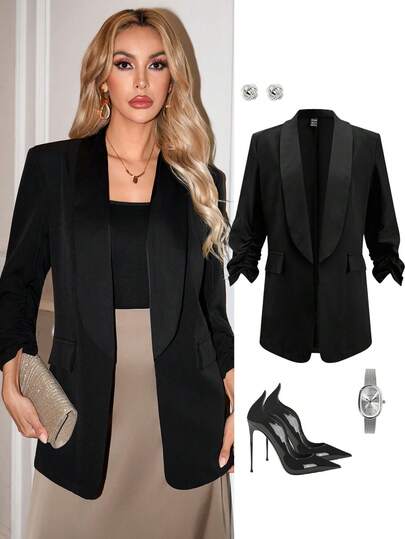 Ellevyn Chaqueta blazer de solapa de unicolor tejida para mujer, adecuada para ir al trabajo y uso diario