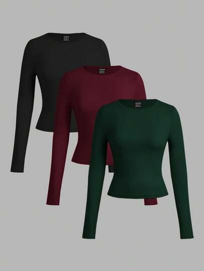 SHEIN EZwear 3pcs Women Casual Wide Neck Bodycon Long Sleeve T-Shirt Set, Suitable For Autumn/Winter Spring