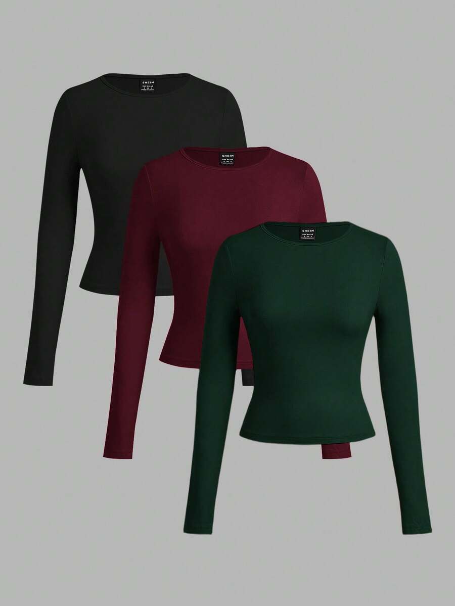 SHEIN EZwear 3件套女士休闲宽领修身长袖T恤套装，适合秋冬季穿着 - 彩色 - 查看 1