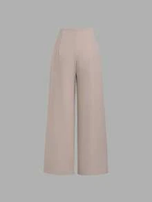 SHEIN Clasi Quần ống rộng xếp ly cạp cao màu trơn cho nữ - Màu be - Xem 2