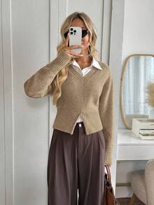 Easowa Áo len chui đầu cổ chữ V, viền khóa kéo, thoải mái, thường ngày dành cho nữ vào mùa thu/đông - Màu Khaki - Xem 3