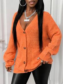 SHEIN BamGlam Damen Lässige V-Ausschnitt Knopf Taschen Langarm Strickjacke, Orange, locker & minimalistisch für den Alltag