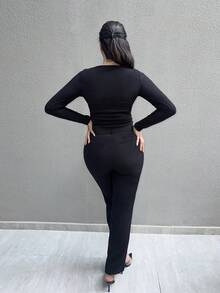 MDEdit 拉链圆领长袖上衣休闲度假机场假日可爱返校秋季冬季 - 黑色 - 查看 2