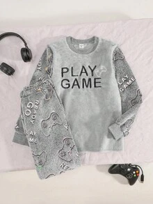 2pcs Boys' Long Sleeve Fleece Pajama Set With Video Game Graphic, Soft & Comfortable, Grey, Winter Fall - Grey - View 1