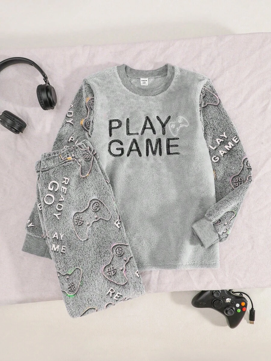 2pcs Boys' Long Sleeve Fleece Pajama Set With Video Game Graphic, Soft & Comfortable, Grey, Winter Fall - Grey - View 1
