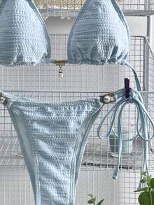 Swim Mod 女士夏季新款沙滩度假两件式泳衣，甜美清新纯色条纹纹理面料，搭配精致金属和珍珠装饰，性感吊带露背系带比基尼套装 - 藍色 - 查看 4