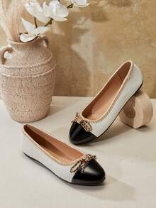 Solezae #LuxuryChic Women's Gold Chain Trim Contrast White & Black Ballet Flats – Elegant Bow Detail, Parisian-Inspired & Effortlessly Refined. - White - View 6