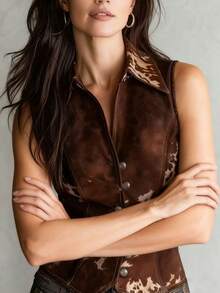 INAWLY 女士时尚印花翻领无袖上衣 - 彩色 - 查看 4