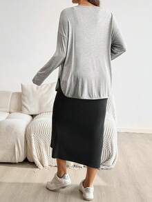 SHEIN 两件套孕妇装：纯色长袖纽扣休闲上衣和无袖中长连衣裙 - 灰色 - 查看 6