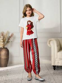 Ensemble t-shirt à manches courtes blanc et pantalon de jogging avec imprimé de personnages de dessin animé pour la période du Ramadan, pour les jeunes filles - Multicolore - Voir 6