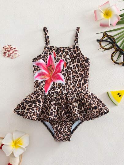 SHEIN Mono de baño sin mangas con estampado de leopardo y floral para bebé niña