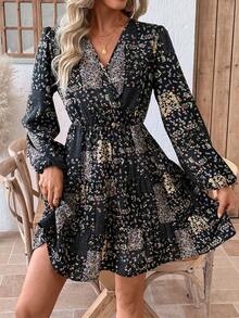 EMERY ROSE Damska sukienka z dekoltem w serek i drobnymi kwiatowymi zdobieniami, z długim rękawem i kopertowym przodem - Wielokolorowe - Zobacz 3